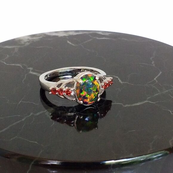 Black Opal & Garnet Ring Size 7 - Picture 1 of 8